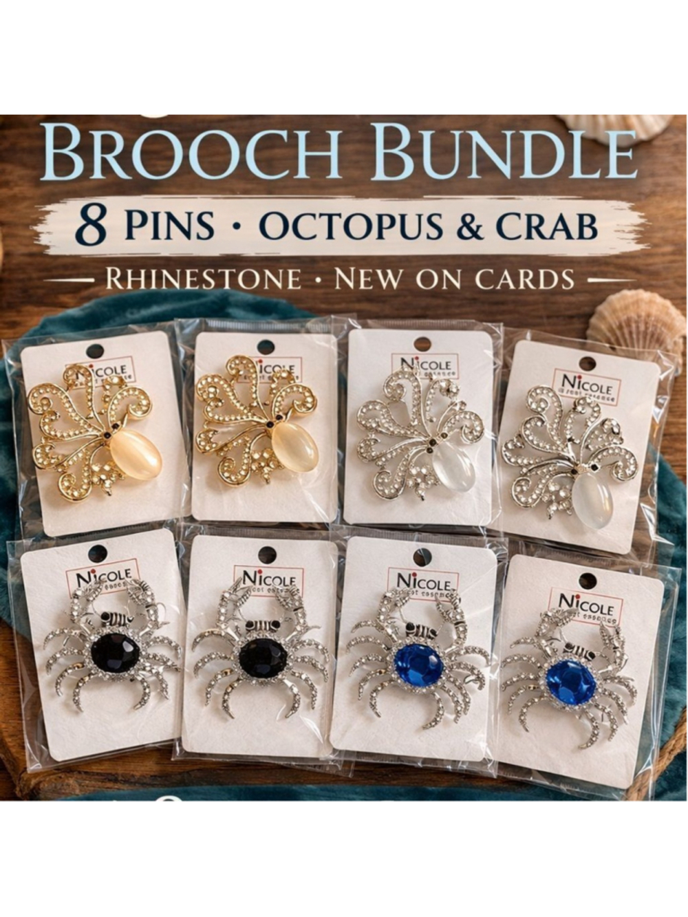 Coastal Brooch Bundle 🐙🦀 | Octopus & Crab Rhinestone Pins| 8pc Nautical Lot NE